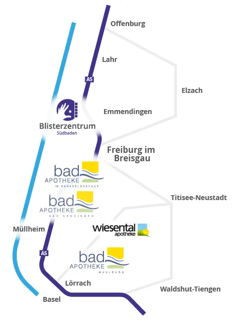Übersichtskarte Liefergebiet Blisterzentrum Südbaden